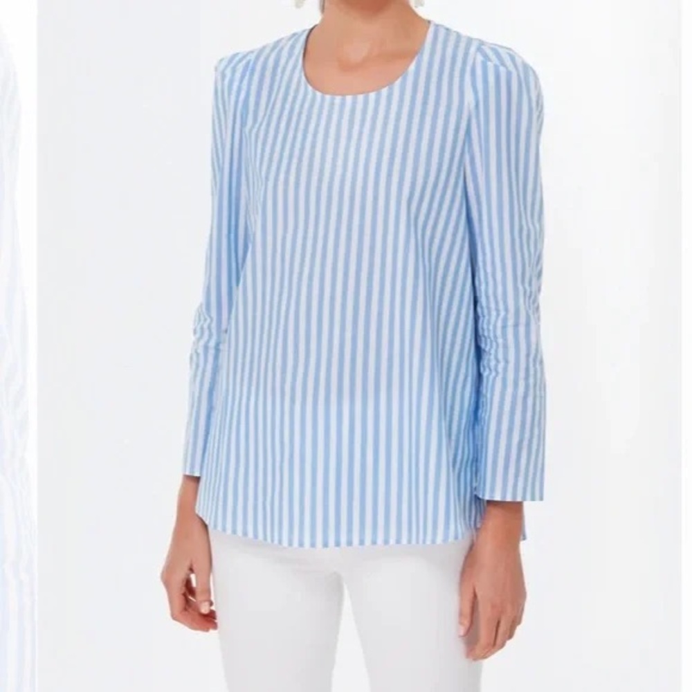Pomander Place Tuckernuck XL Vertical Stripe Bedford Blouse Puff Sleeve Nautical - Picture 2 of 12